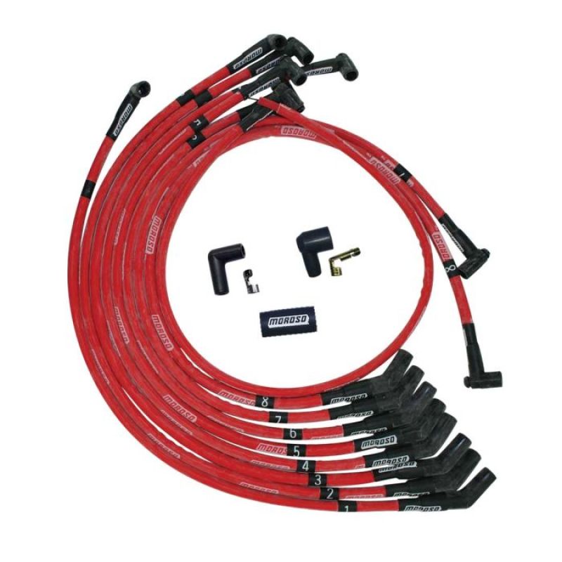 Moroso SB Ford 351W 135 Deg Plug Boots HEI Sleeved Ultra Spark Plug Wire Set - Red Spark Plug Wire Sets Moroso