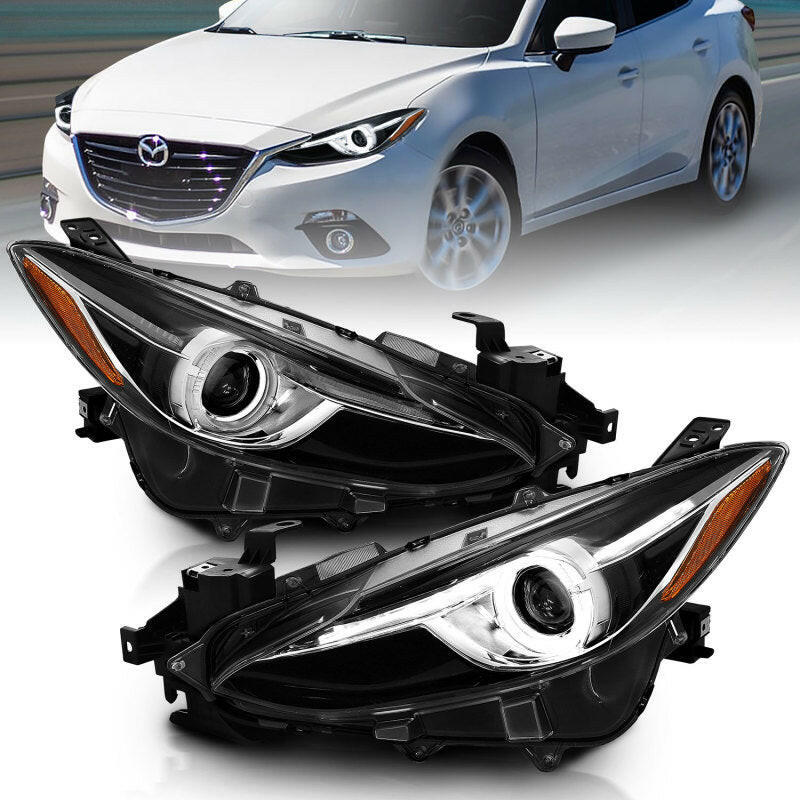 ANZO Projector Headlights With Halo Black w/Amber 14-17 Mazda 3 Headlights ANZO