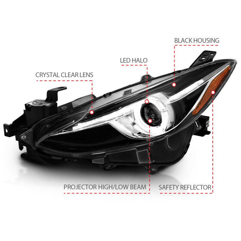 ANZO Projector Headlights With Halo Black w/Amber 14-17 Mazda 3 Headlights ANZO