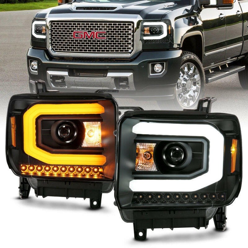 ANZO GMC SIERRA 1500 14-15 2500H/15-19 Projector Headlight Plank Style Black w/ Switchback (Halogen) Headlights ANZO