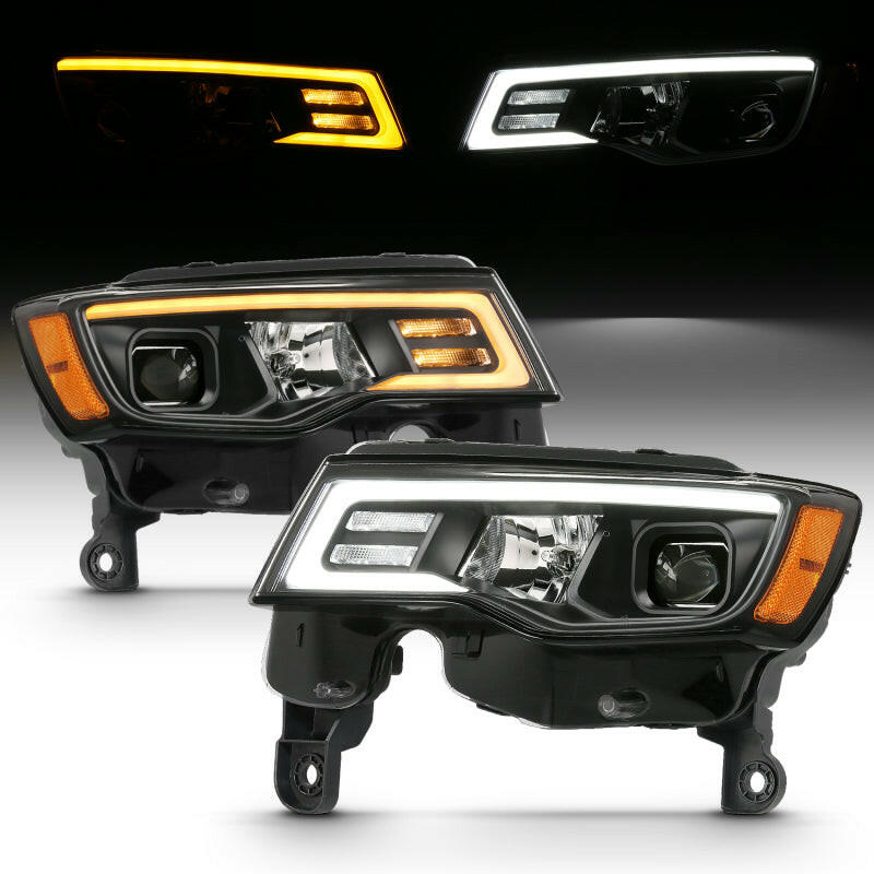 ANZO 2017-2018 Jeep Grand Cherokee Projector Headlights w/ Plank Style Switchback - Black w/ Amber Headlights ANZO