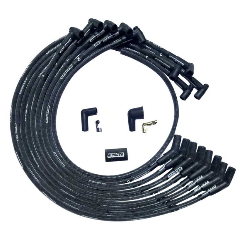 Moroso SBC Under Header 135 Deg Plug End HEI Sleeved Ultra Spark Plug Wire Set - Black Spark Plug Wire Sets Moroso