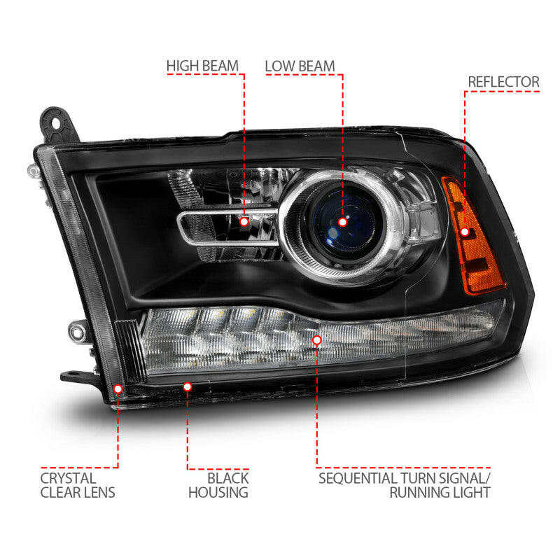 ANZO 09-18 Dodge Ram 1500/2500/3500 LED Plank Style Headlights Switchback + Sequential - Matte Black Headlights ANZO
