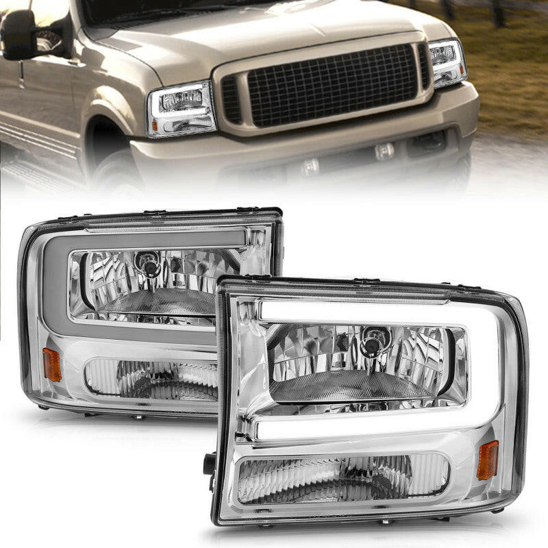 ANZO 99-04 Ford F250/F350/F450/Excursion (excl. 99) Crystal Headlights - w/ Light Bar Chrome Housing Headlights ANZO