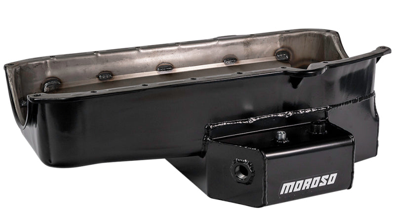Moroso 86-Up Chevrolet SBC (w/1 Pc Seal & Low Clearance) Wet Sump 7qt 7in Steel Oil Pan - Black Oil Pans Moroso
