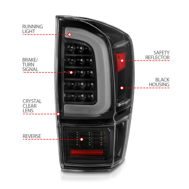 ANZO 16-21 Toyota Tacoma LED Tail Lights - w/ Light Bar Sequential Black Housing & Clear Lens Tail Lights ANZO