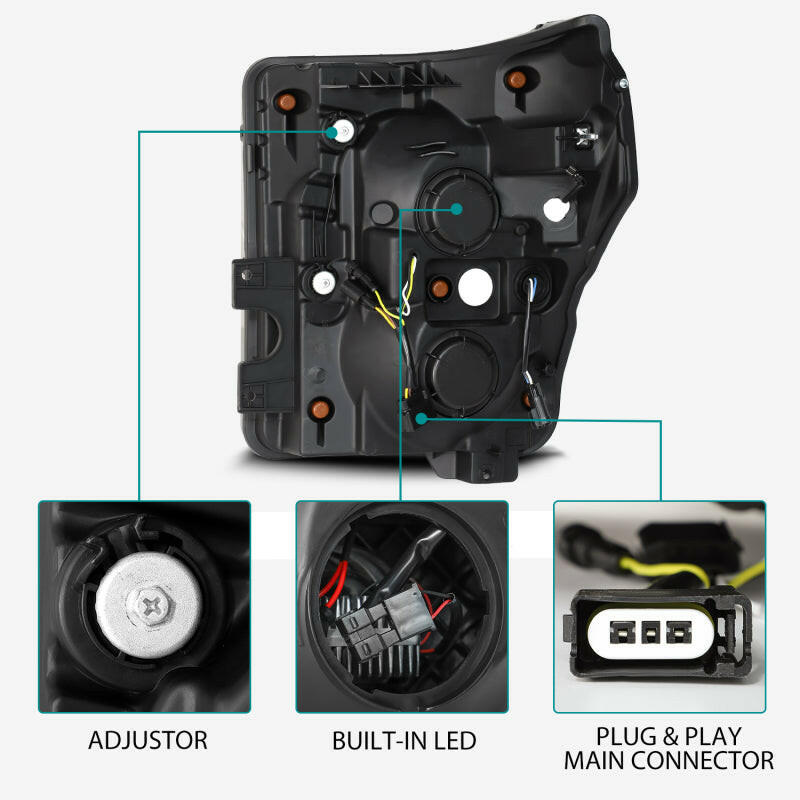 AlphaRex 11-16 Ford F-350 SD LUXX LED Proj Headlights Plank Style Alpha Blk w/Activ Light/Seq Signal Headlights AlphaRex