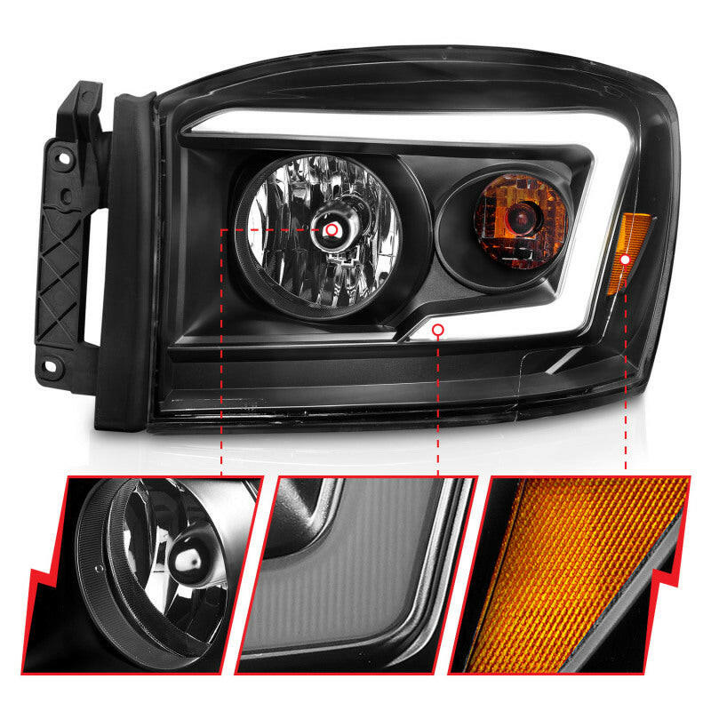 ANZO 06-09 Dodge RAM 1500/2500/3500 Headlights Black Housing/Clear Lens (w/ Light Bars) Headlights ANZO