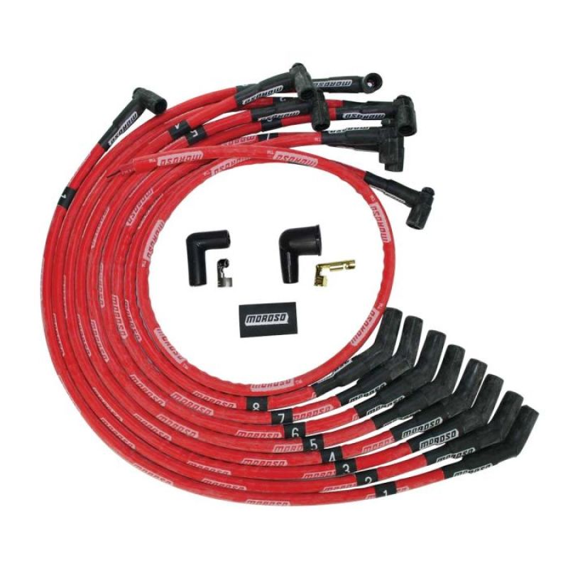 Moroso BBC Over Valve Cover 135 Deg Plug Boot HEI Sleeved Ultra Spark Plug Wire Set - Red Spark Plug Wire Sets Moroso