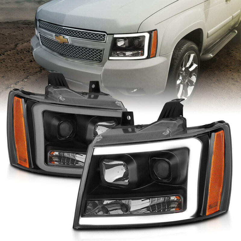 ANZO 07-14 Chevy Tahoe Projector Headlights w/ Plank Style Design Black w/ Amber Headlights ANZO