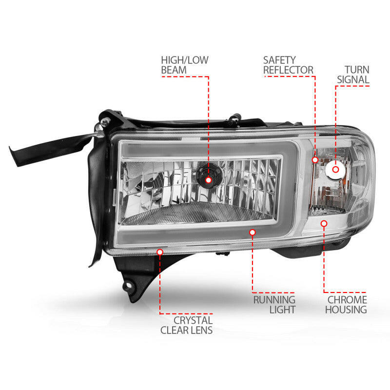 ANZO 94-02 Dodge RAM Crystal Headlight - w/ Light Bar Chrome Housing Headlights ANZO