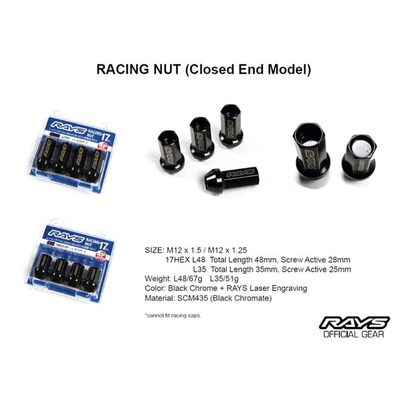 Rays 17HEX Racing Nut 12x1.5 Set L48 (Closed End) (4 PCS) - Black Chromate Lug Nuts Rays