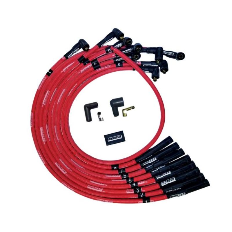 Moroso BBC Over Valve Cover Str Plug Boots Non-HEI Sleeved Ultra Spark Plug Wire Set - Red Spark Plug Wire Sets Moroso