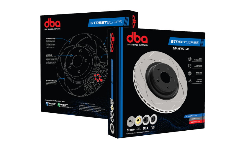 DBA 11-14 Ford Mustang GT (w/Standard Brakes) 3.7L Front Drill & Slot Street Series Rotor w/Blk Hat Brake Rotors - Slot & Drilled DBA