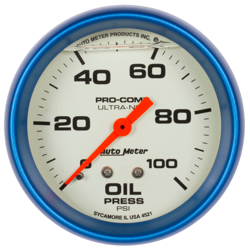 Autometer Ultra-Nite 2-5/8in 0-100 PSI Liquid Filled Mechanical Glow In Dark Oil Pressure Gauge Gauges AutoMeter