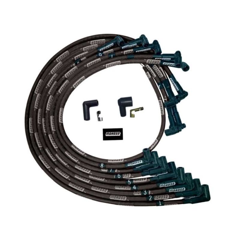 Moroso SBC Under Header 90 Deg Plug End HEI Sleeved Ultra Spark Plug Wire Set - Black Spark Plug Wire Sets Moroso