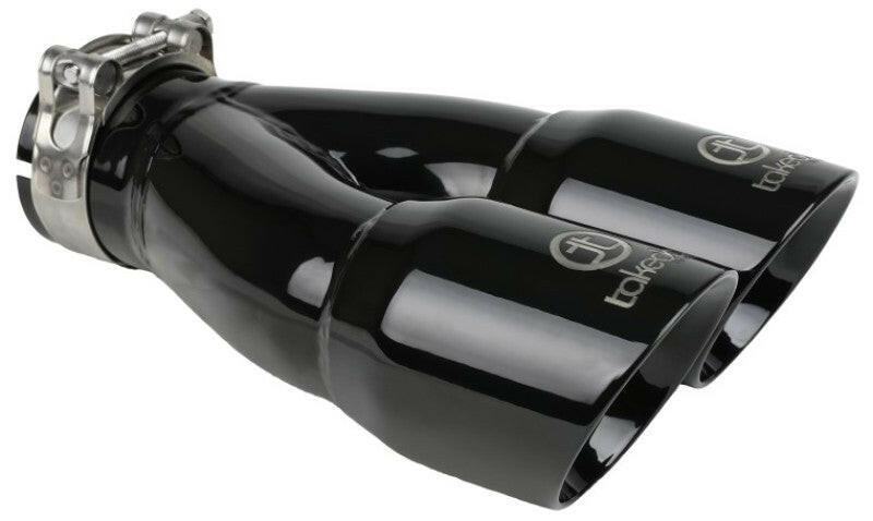 aFe Takeda 2.5in 304 Stainless Steel Clamp-on Exhaust Tip 2.5in Inlet 3in Dual Outlet - Black Tips aFe