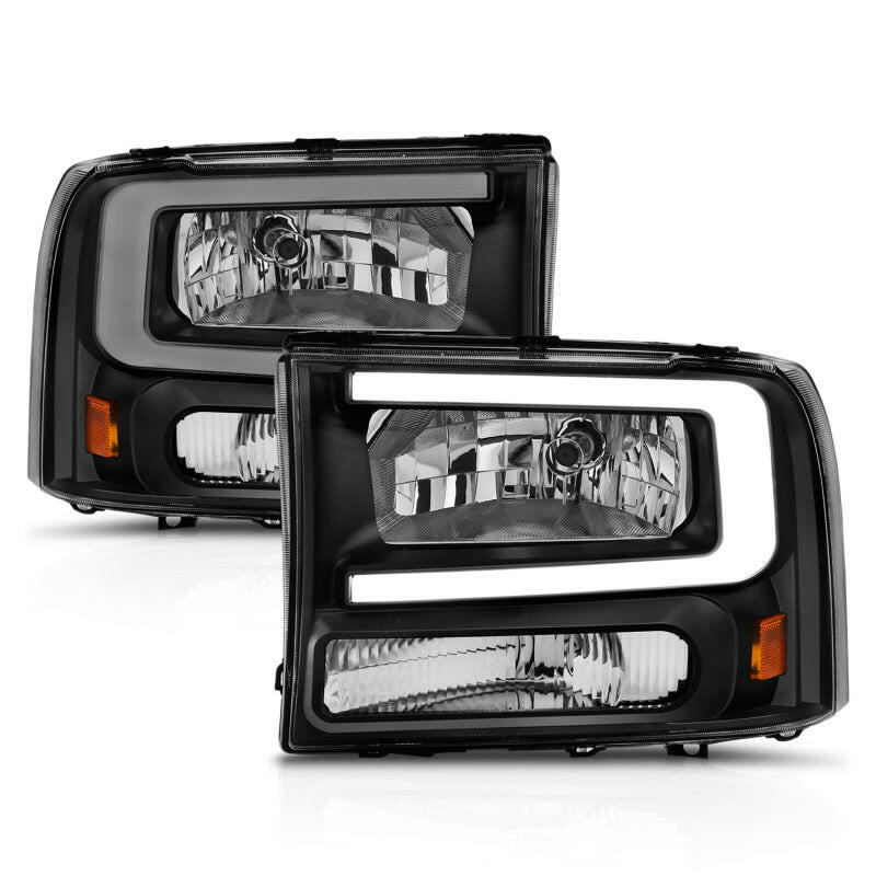 ANZO 99-04 Ford F250/F350/F450/Excursion (excl. 99) Crystal Headlights - w/ Light Bar Black Housing Headlights ANZO