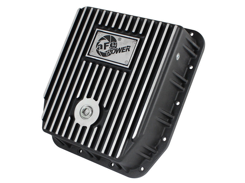 aFe POWER Transmission Pan Ford Trucks 80-92 (AOD Transmission)- Black w/ Machined Fins Diff Covers aFe