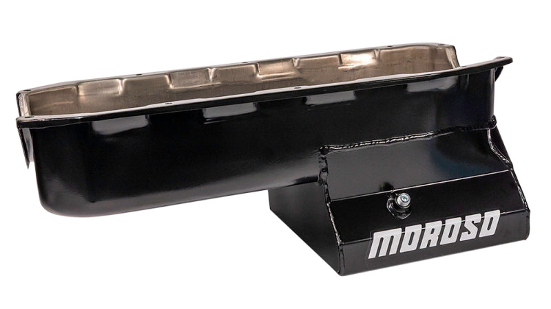 Moroso Pre-85 Chevrolet Small Block (w/Driver Side Dipstick) Wet Sump 7qt 8.25in Steel Oil Pan - Blk Oil Pans Moroso