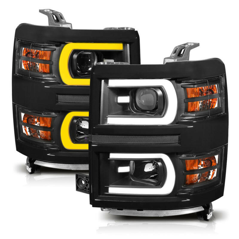 ANZO 14-15 Chevrolet Silverado 1500 Projector Headlights w/ Plank Style Switchback Black w/ Amber Headlights ANZO