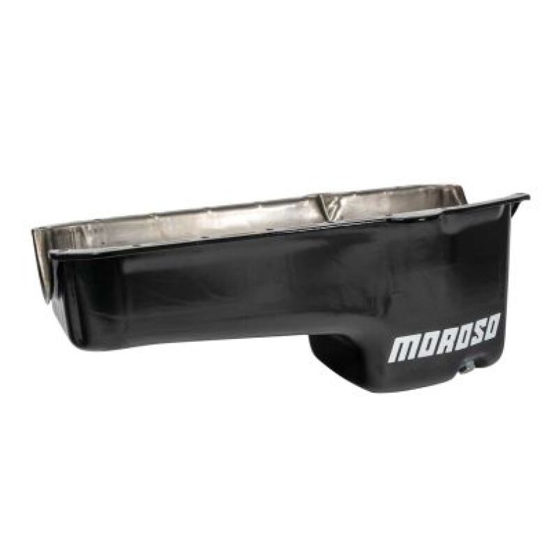 Moroso 1986+ Chevrolet SBC (w/Passenger Side Dipstick) Wet Sump 6qt 8.25in Steel Oil Pan - Black Oil Pans Moroso