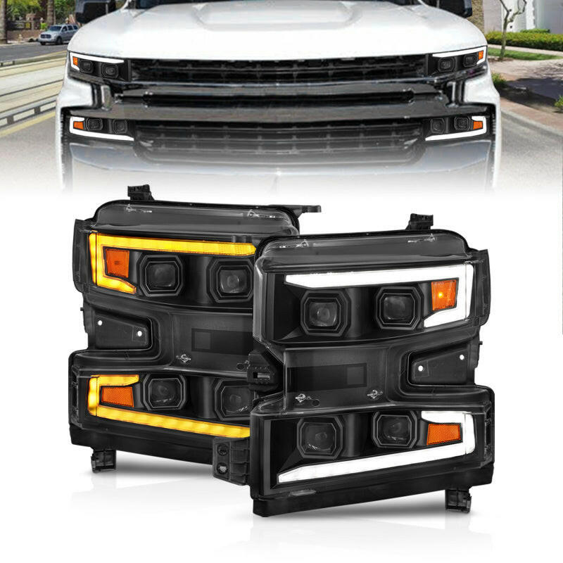 ANZO 19-22 Chevrolet Silverado 1500 LED Proj HL w/Lgt Bar SwBk Seq. Blk w/In. Light - Driver Side ON Headlights ANZO