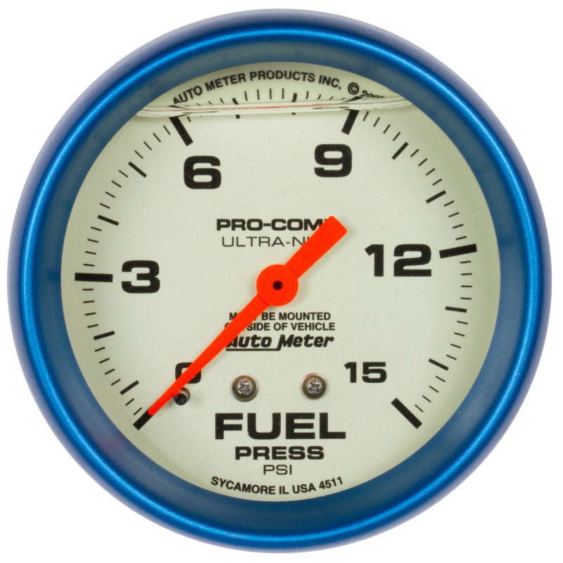 Autometer Ultra-Nite 2-5/8in 15psi Mechanical Glow In The Dark Fuel Pressure Gauge Gauges AutoMeter
