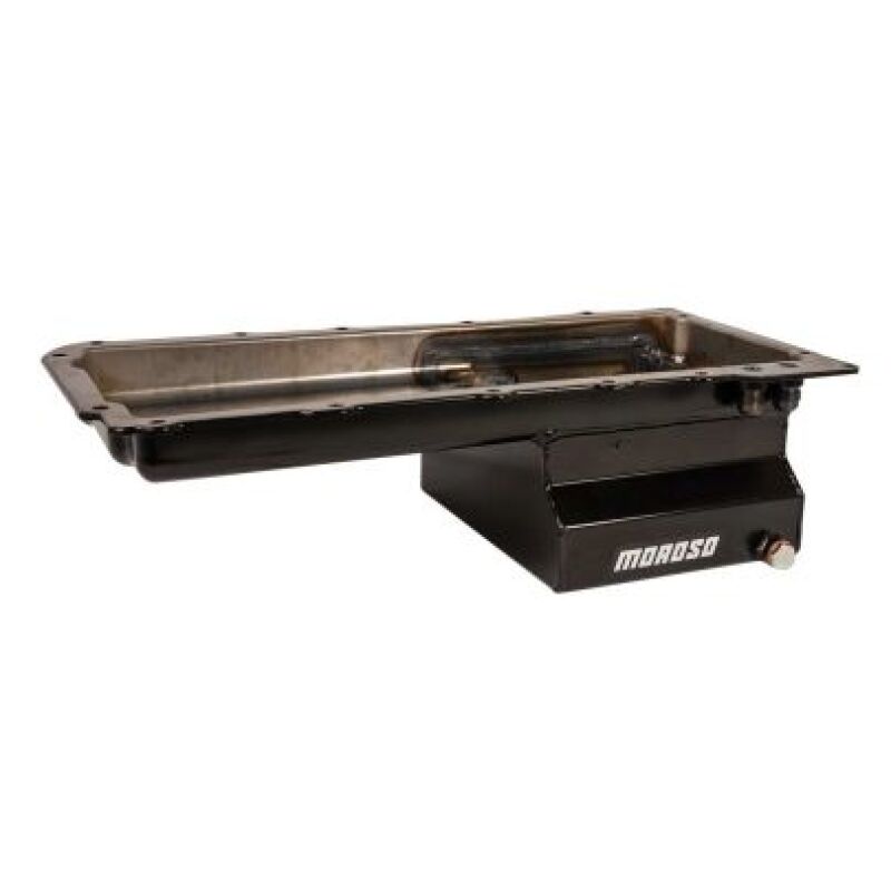Moroso GM LS Swap (w/Rear Sump & Two -10An Fittings) Wet Sump 7qt 6in Baffled Steel Oil Pan - Black Oil Pans Moroso