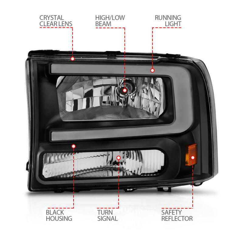 ANZO 99-04 Ford F250/F350/F450/Excursion (excl. 99) Crystal Headlights - w/ Light Bar Black Housing Headlights ANZO