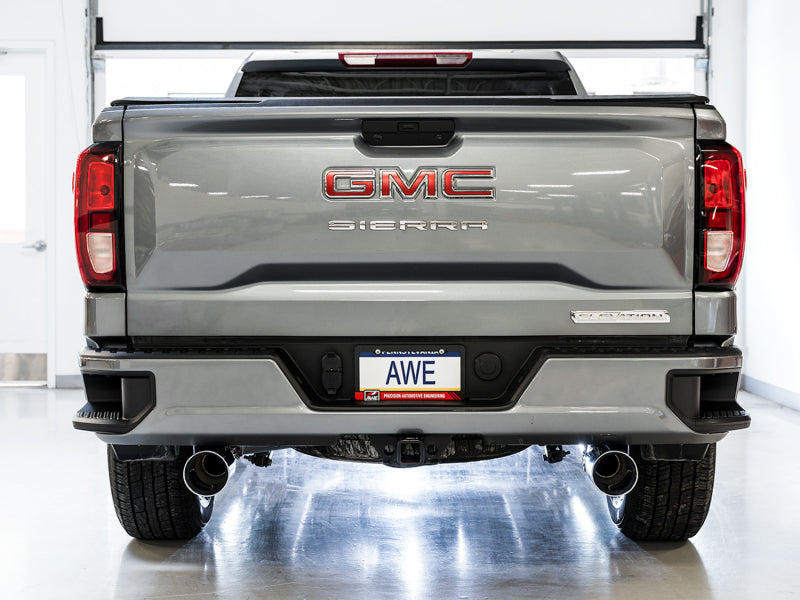 AWE Tuning 4th Gen GM 1500 5.3L 0FG Catback Split Rear Exit (Flat Bumper) - Quad Chrome Tips Catback AWE Tuning