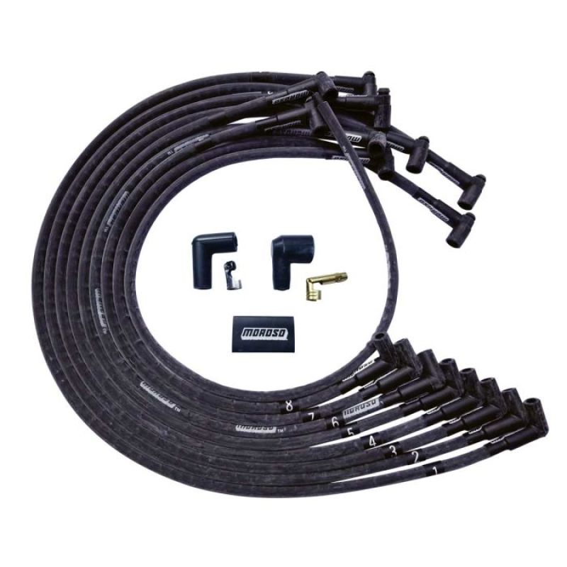 Moroso BBC Under Header 90 Deg Plug End HEI Sleeved Ultra Spark Plug Wire Set - Black Spark Plug Wire Sets Moroso