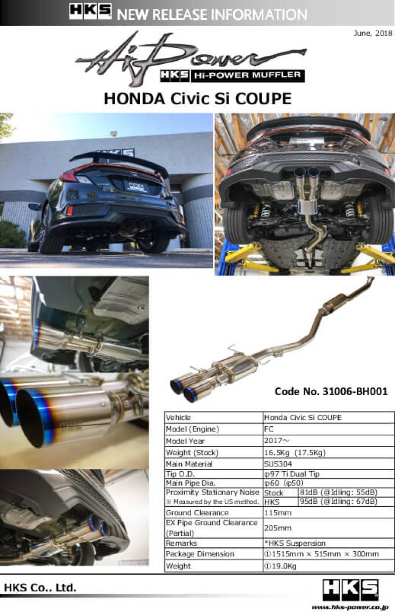 HKS Hi-Power Muffler for Civic SI Coupe (FC3) Catback HKS