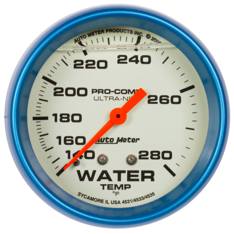AutoMeter Gauge Wtemp 2-5/8in. 140-280 Deg. F Liq Filled Mech 4ft. Glow In Dark Ultra-Nite Gauges AutoMeter