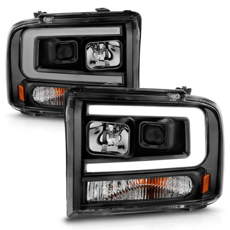 ANZO 99-04 Ford F250/F350/F450/Excursion (excl 99) Projector Headlights - w/ Light Bar Black Housing Headlights ANZO