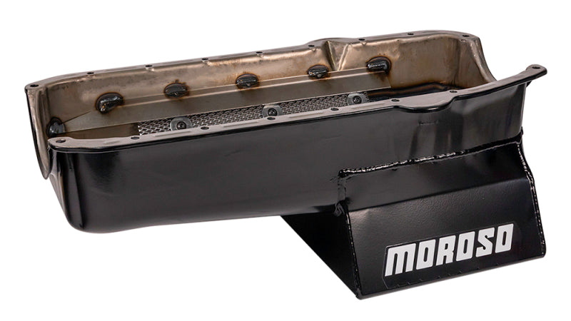 Moroso 80-85 Chevrolet SBC (w/Passenger Side Dipstick) Wet Sump 7qt 8.25in Steel Oil Pan - Black Oil Pans Moroso