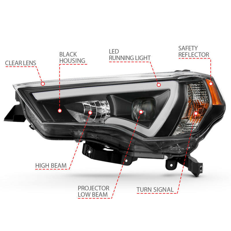 ANZO 14-18 Toyota 4 Runner Plank Style Projector Headlights Black w/ Amber Headlights ANZO