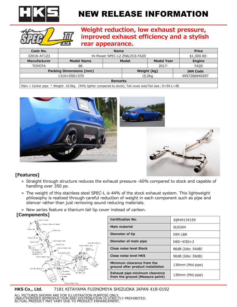 HKS Hi-Power Muffler SPEC-L ZN6 Catback HKS