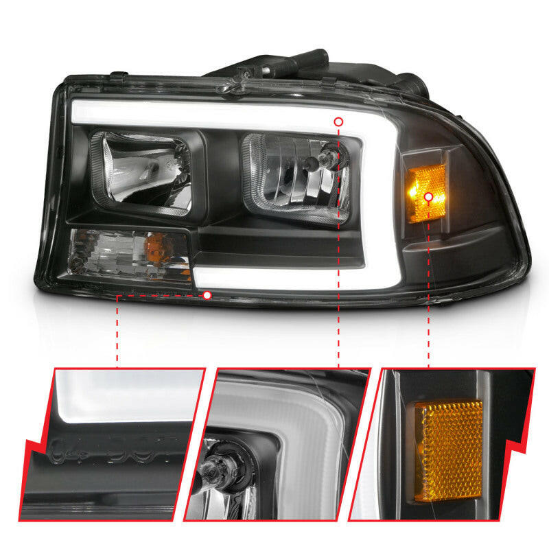 ANZO 97-04 Dodge Dakota/Durango Crystal headlight Set w/ Light Bar Black Housing Headlights ANZO