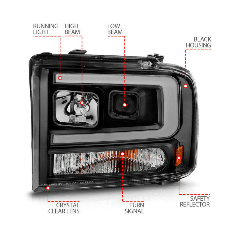 ANZO 99-04 Ford F250/F350/F450/Excursion (excl 99) Projector Headlights - w/ Light Bar Black Housing Headlights ANZO
