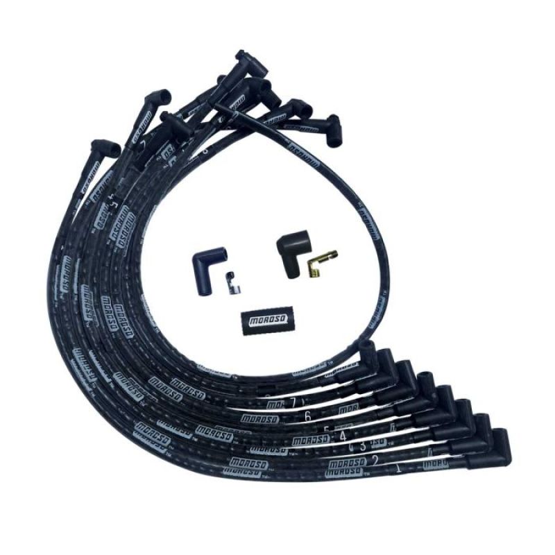 Moroso SBC Over Valve Cover 90 Deg Plug End HEI Sleeved Ultra Spark Plug Wire Set - Black Spark Plug Wire Sets Moroso