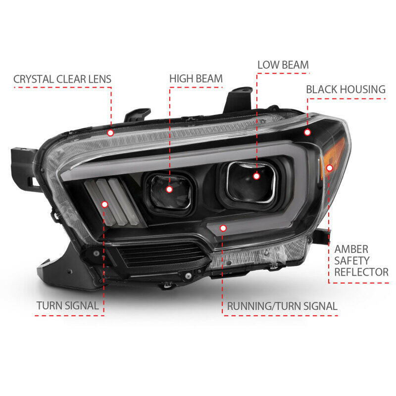 ANZO 2016-2017 Toyota Tacoma Projector Headlights w/ Plank Style Switchback Black w/ Amber w/ DRL Headlights ANZO
