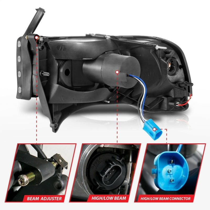 ANZO 94-02 Dodge RAM Crystal Headlight - w/ Light Bar Black Housing Headlights ANZO