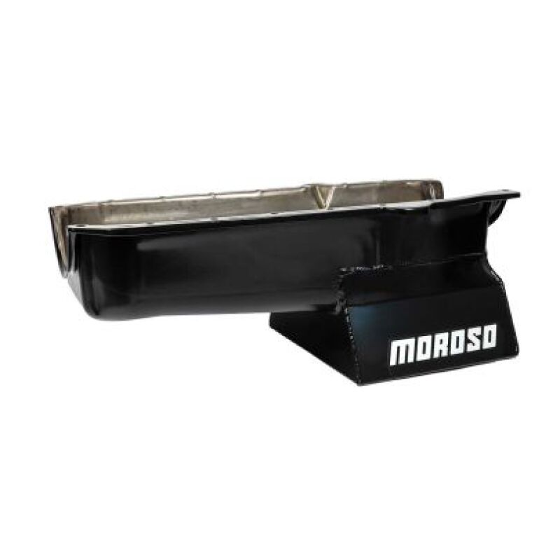 Moroso 1986+ Chevrolet SBC (w/1 Piece Rear Main Seal) Wet Sump 7qt 8.25in Steel Oil Pan - Black Oil Pans Moroso