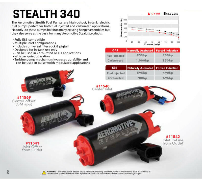 Aeromotive 340 Series Stealth In-Tank E85 Fuel Pump - Offset Inlet - Inlet Inline w/Outlet Fuel Pumps Aeromotive