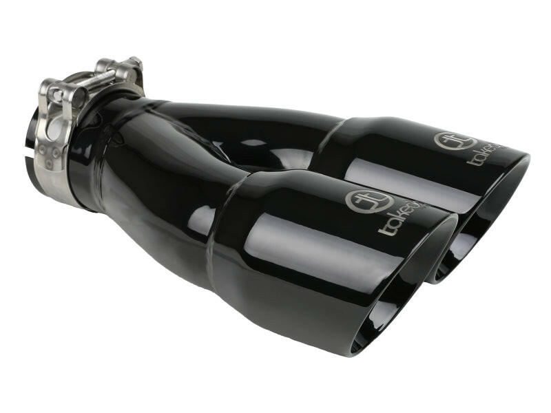 aFe Takeda 2.5in 304 Stainless Steel Clamp-on Exhaust Tip 2.5in Inlet 3in Dual Outlet - Black Tips aFe