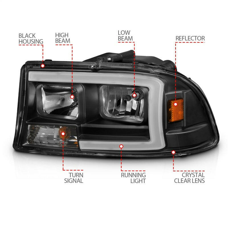 ANZO 97-04 Dodge Dakota/Durango Crystal headlight Set w/ Light Bar Black Housing Headlights ANZO