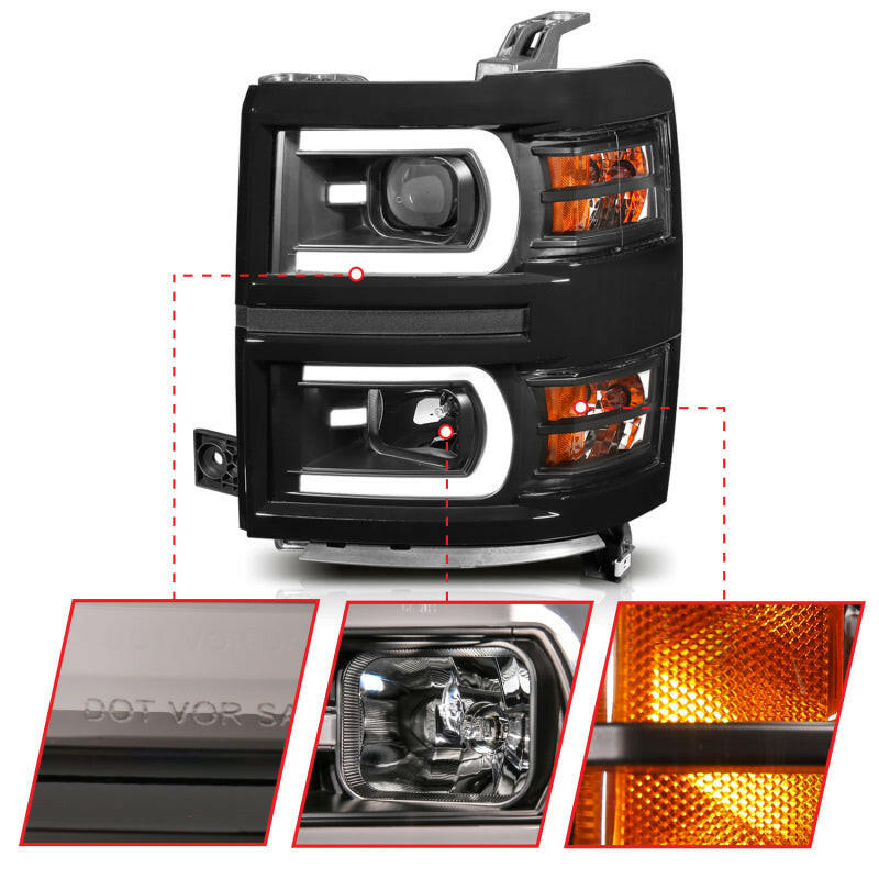 ANZO 14-15 Chevrolet Silverado 1500 Projector Headlights w/ Plank Style Switchback Black w/ Amber Headlights ANZO