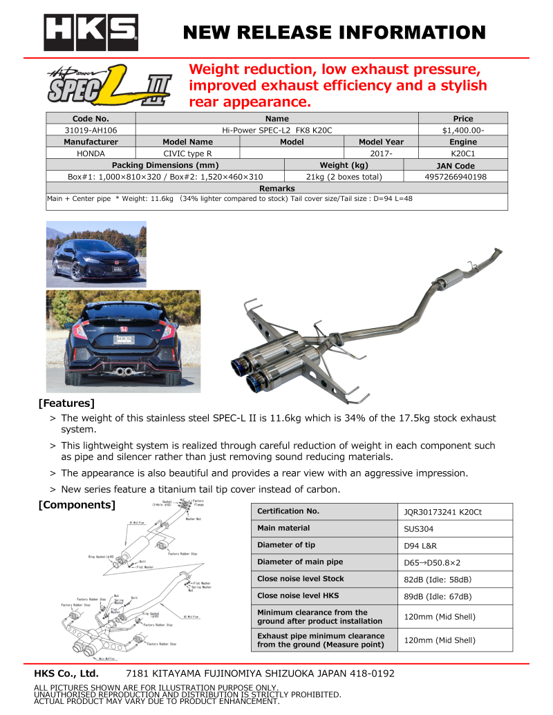 HKS Hi-Power Muffler SPEC-L2 FK8 K20C Catback HKS