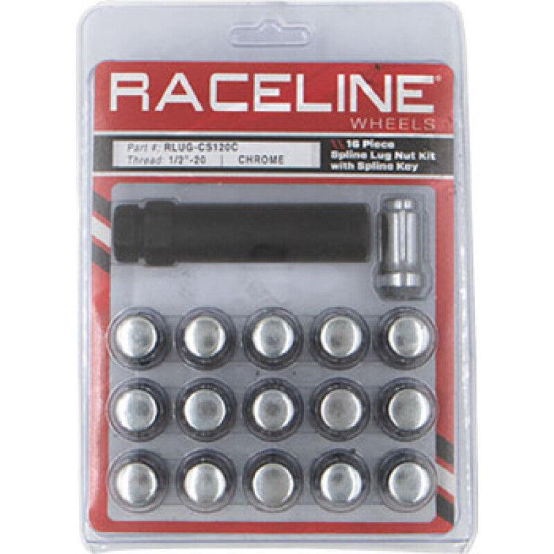 Raceline Spline Lug Nut Kit with Spline Key 1/2in-20 - 16 Pack - Chrome Wheel Accessories Raceline